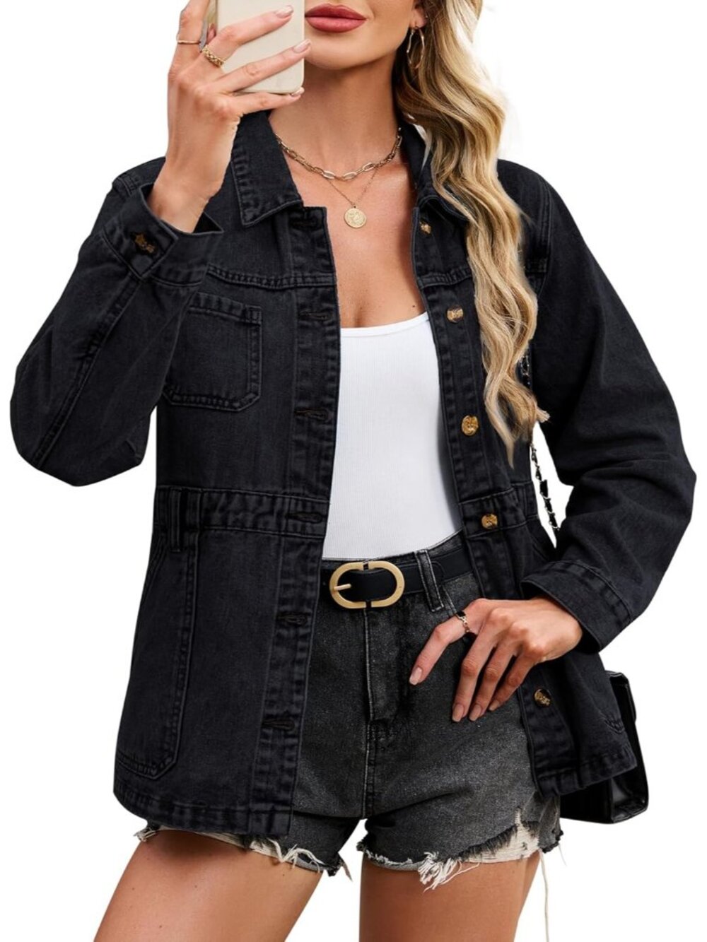 Women's Black Oversized Denim Jean Button Down Boyfriend Jacket with Pockets